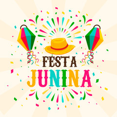 Festa Junina card of carnival balloon and firework