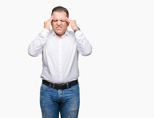 Middle age arab elegant man over isolated background with hand on head for pain in head because stress. Suffering migraine.
