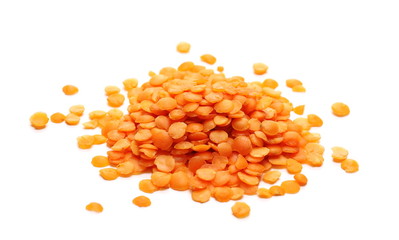 Pile red lentils isolated on white background 