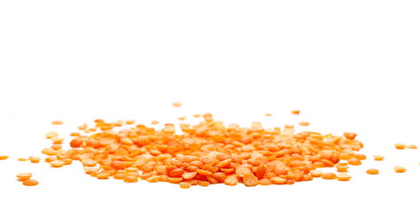 Pile red lentils isolated on white background 