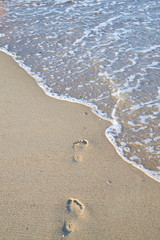 Shiny, perfect foots imprint in sand on the beach in summer