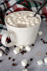 Spoon in mug of hot chocolate and marshmallows with festive napkin