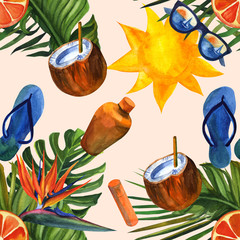 Beautiful hand drawn pattern with tropical palm, coconuts, pineapples, flip flops and sunglasses. Watercolor seamless pattern, summer background