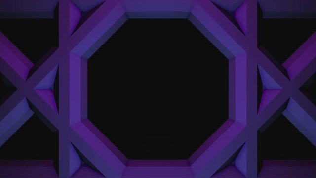 Colorful animation of moving squares with hexagons inside, seamless loop. Animation. Geometrical figures moving towards the camera on black background.