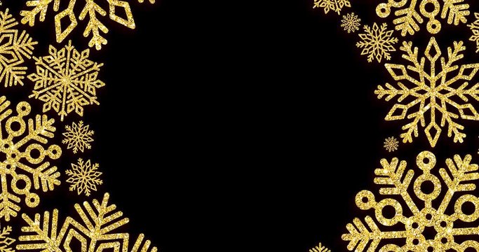 Christmas round frame with gold snowflakes on a black background. 