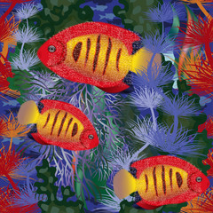 Panele Szklane  Bezszwowe tło podwodne z tropikalną rybą, ilustracji wektorowych