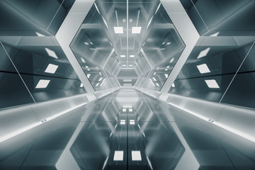 Abstract hexagon Spaceship corridor. Futuristic tunnel with light. Future interior background, business, sci-fi science concept. 3d rendering