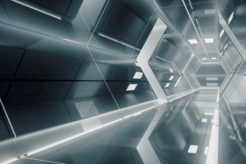 Abstract hexagon Spaceship corridor. Futuristic tunnel with light. Future interior background, business, sci-fi science concept. 3d rendering