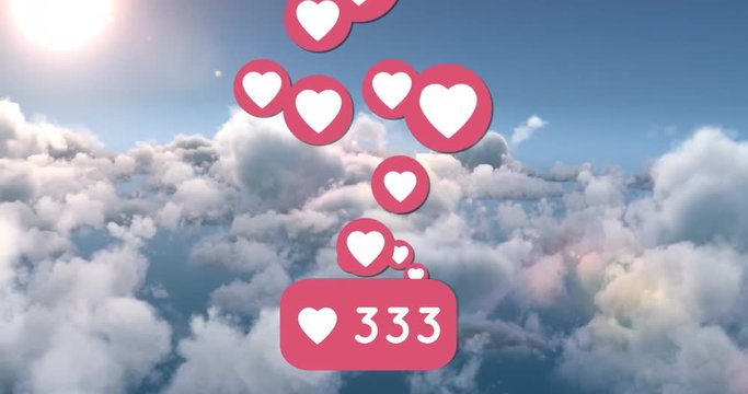 Increasing hearts count floating in the sky 4k