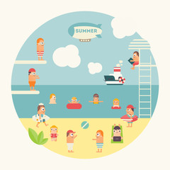 People at Beach Relaxing Outdoor - Sunbathing, Reading, Surfing, Swimming in Sea, Playing the Ball. Flat Design Summertime. Vector Illustration.