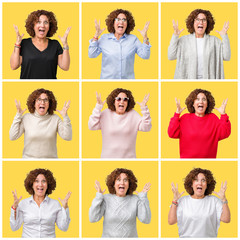 Collage of middle age senior woman over yellow isolated background celebrating crazy and amazed for success with arms raised and open eyes screaming excited. Winner concept