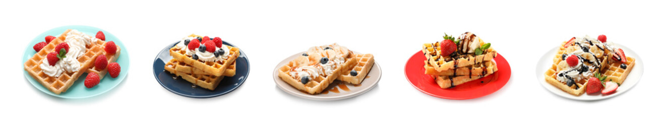 Set of delicious waffles with different toppings on white background