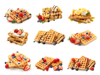 Set of delicious waffles with different toppings on white background - obrazy, fototapety, plakaty