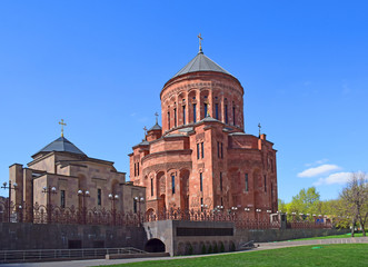 Fototapeta na wymiar The Cathedral of the Transfiguration of the Lord is part of the Armenian temple complex, opened in 2013. Architect Artak Gulian. Russia, Moscow, April 2019.