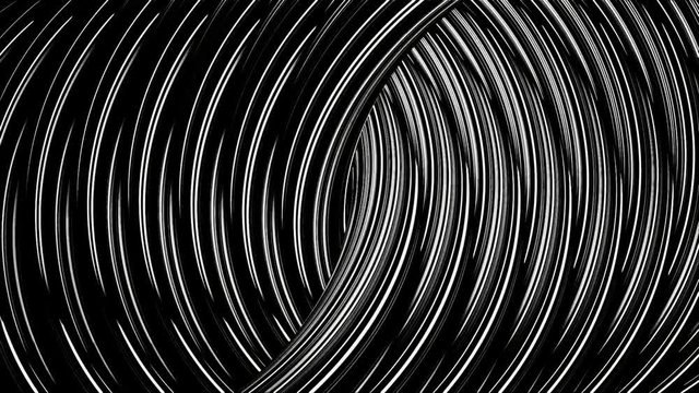 Abstract background of metal twisted lines with white light flares, seamless loop. Animation. Silver, grey volume lines moving endlessly, monochrome.