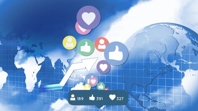 Globe and sky with moving social media icons