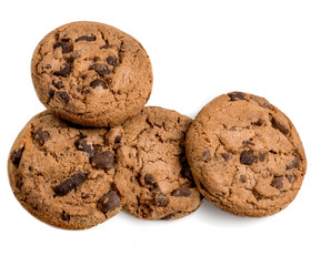 Chocolate chip cookies with chocolate chunks  isolated on white background.  Close up. Junk food concept