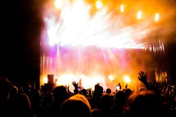 Fototapeta na wymiar Picture of a lot of people enjoying night perfomance, large unrecognizable crowd dancing with raised up hands and mobile phones on concert. nightlife