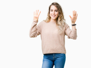 Fototapeta na wymiar Beautiful young blonde woman wearing sweatershirt over isolated background showing and pointing up with fingers number nine while smiling confident and happy.