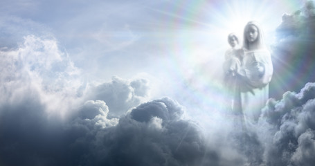 Apparition Of The Virgin Mary And Baby Jesus In The Clouds - obrazy, fototapety, plakaty