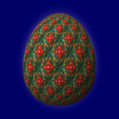 Happy Easter - Frohe Ostern, Artfully designed and colorful easter egg, 3D illustration on blue background 