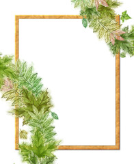 Green Summer Leaf Wreath on Wooden Rectangular Frame. Blank Template Decorated with Leaf Wreath.