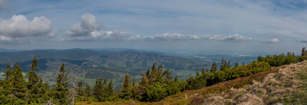 Panorama view from Serak hill with spring trees and forests