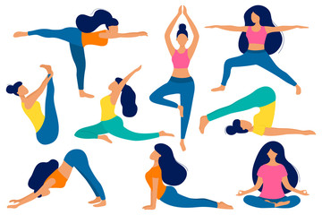 Vector various poses of yoga set. Flat style women illustration. Yoga Exercises. People practicing asana.