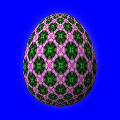 Happy Easter - Frohe Ostern, Artfully designed and colorful easter egg, 3D illustration on blue background 