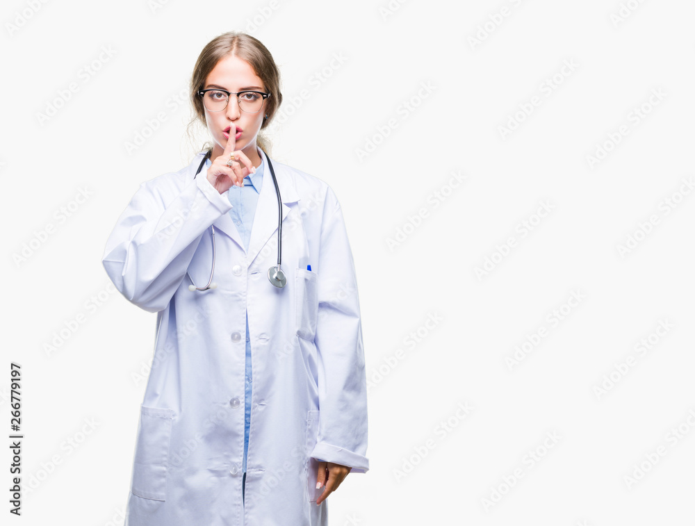 Poster beautiful young blonde doctor woman wearing medical uniform over isolated background asking to be qu