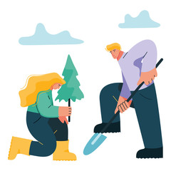 World Environment Day. Vector flat illustration. Woman and man planting trees. - 266779325