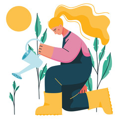 World Environment Day. Vector flat illustration. Woman watering plant. - 266779363
