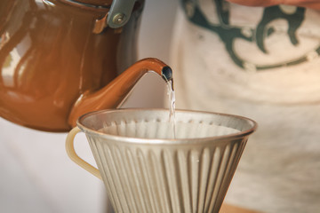 Drip brewing, filtered coffee, or pour-over is a method which involves pouring water over roasted, ground coffee beans contained in a filter.