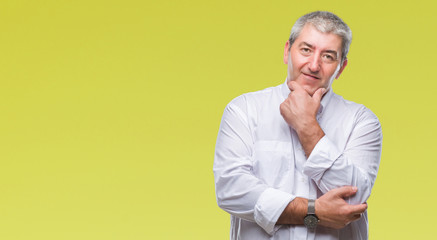 Handsome senior man over isolated background looking confident at the camera with smile with crossed arms and hand raised on chin. Thinking positive.