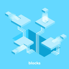 isometric vector image on a blue background, rectangular blocks flying in different directions, working with data in the network