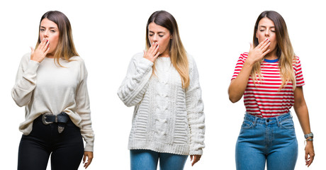 Collage of young beautiful woman over isolated background bored yawning tired covering mouth with hand. Restless and sleepiness.