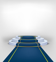 Winners podium blue color carpet and gold strip. Realistic vector pedestal for exclusive event, movie premiere, gala, ceremony, awards concept.