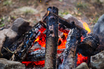 Fire and coal in a dark forest at night. A picnic and a hike to the mountains. Traveling in the mountains