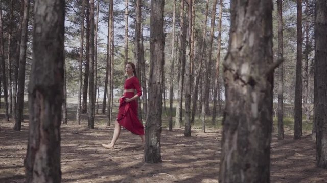 Beautiful woman in long red dress walking in the forest. Concept of female tenderness and harmony life. Spectacular impressive view. Slow motion.
