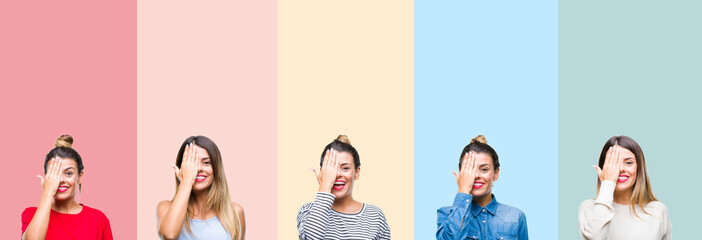 Collage of young beautiful woman over colorful vintage stripes isolated background covering one eye with hand with confident smile on face and surprise emotion.