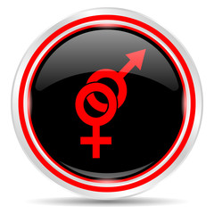 Sex icon. Round metal web button, black and red.