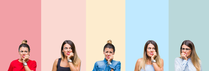 Collage of young beautiful woman over colorful stripes isolated background looking stressed and nervous with hands on mouth biting nails. Anxiety problem.