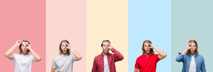 Collage of young handsome man over colorful stripes isolated background doing ok gesture shocked with surprised face, eye looking through fingers. Unbelieving expression.