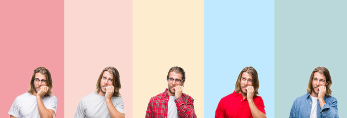 Fototapeta premium Collage of young handsome man over colorful stripes isolated background looking stressed and nervous with hands on mouth biting nails. Anxiety problem.