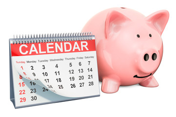 Desk calendar with piggy bank, 3D rendering