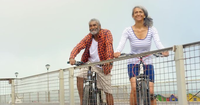 Front view of thoughtful active senior African American couple standing with bicycle on promenade 4k