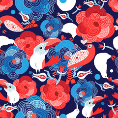 Seamless bright pattern with flowers and birds in love