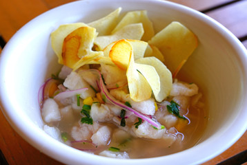 Raw fish ceviche with plantain chips