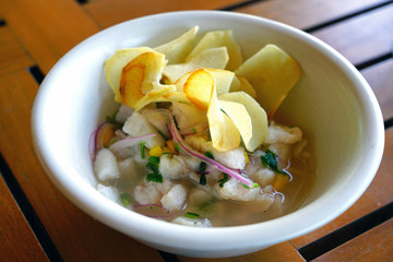 Raw fish ceviche with plantain chips