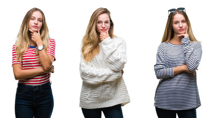 Collage of young beautiful blonde woman over isolated background looking confident at the camera with smile with crossed arms and hand raised on chin. Thinking positive.